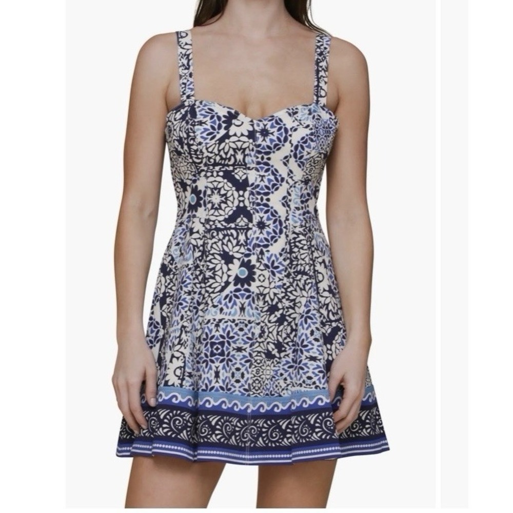 Avec Les Filles‎ Sweetheart Neck Stretch Pockets Mini Sundress Women's 8 Blue